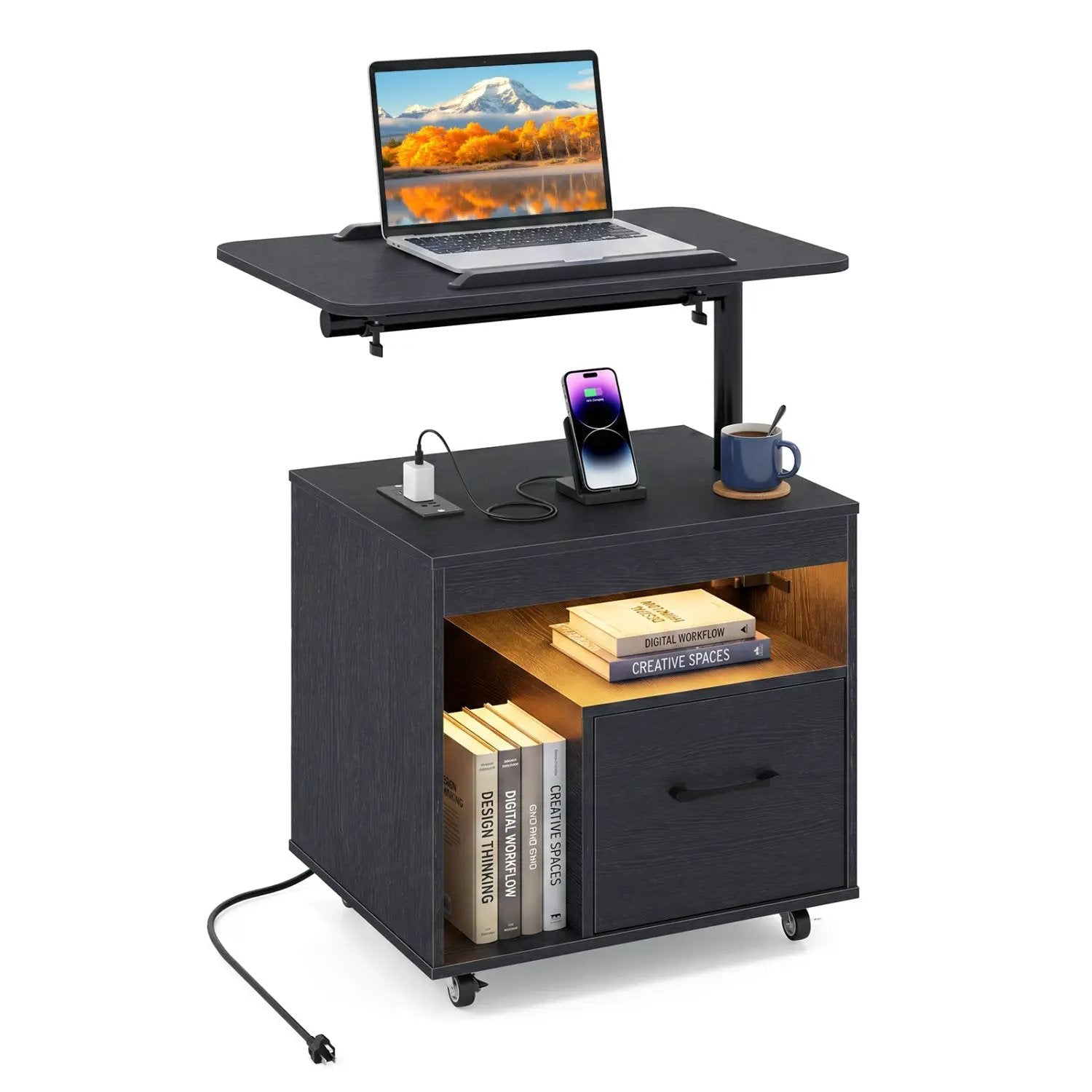 LED Nightstand with Power Outlets Modern Bedside Table with Flip over by DirectDeals