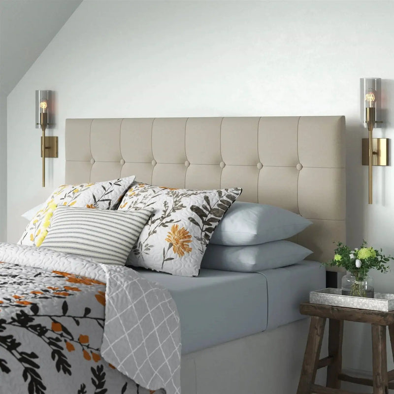 Full size Button-Tufted Headboard in Light Grey Taupe Beige Upholstered Fabric by HomePacific