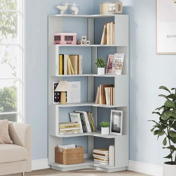 Multifunctional 6 Shelf Corner L-Shaped Bookcase in Sliver Grey Wood Finish by HomePacific