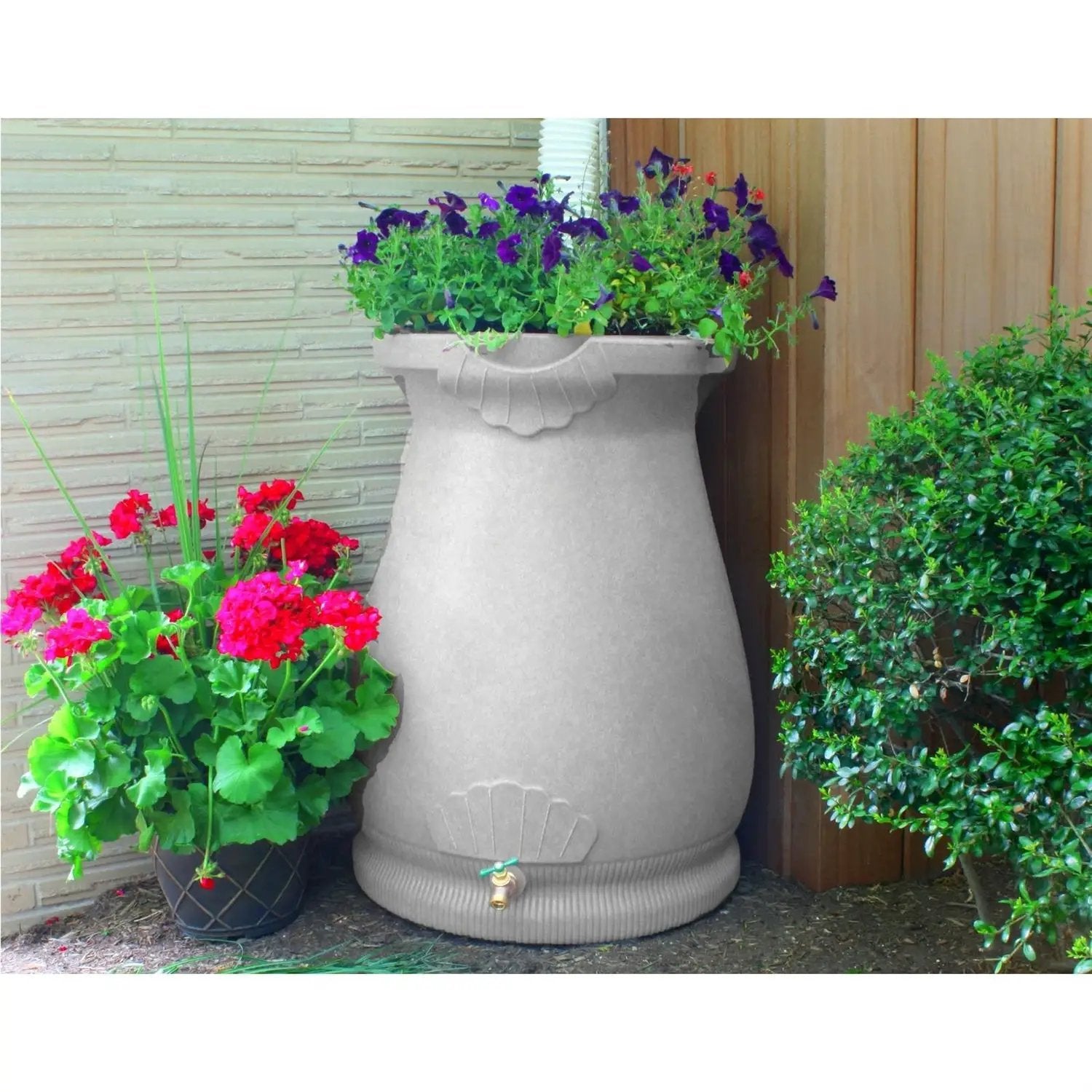 Light Grey Granite 65 Gallon Plastic Urn Rain Barrel with Planter Top by HomePacific
