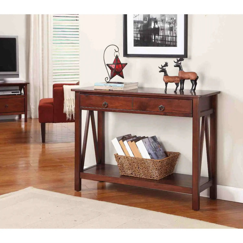2-Drawer Console Sofa Table Living Room Storage Shelf in Tobacco Brown by HomePacific
