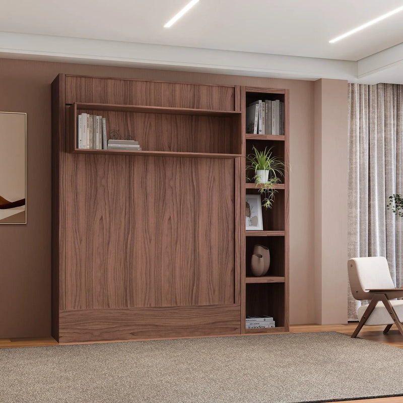 Easy-Lift Full Murphy Wall Bed in Natural Brown Wood Grain with Bookshelf by Sharicks