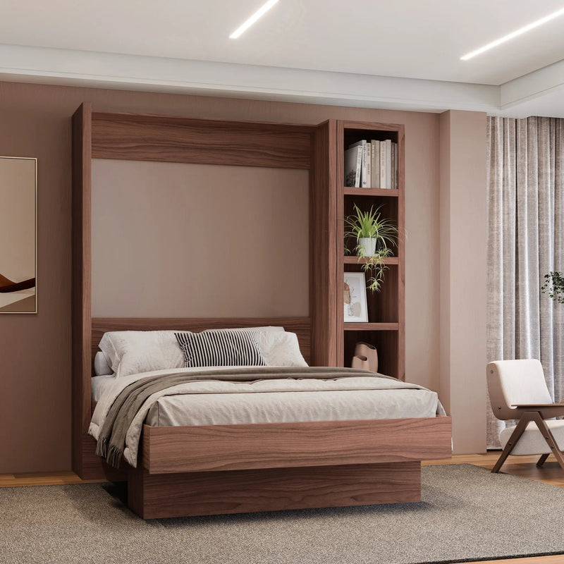 Easy-Lift Full Murphy Wall Bed in Natural Brown Wood Grain with Bookshelf by Sharicks