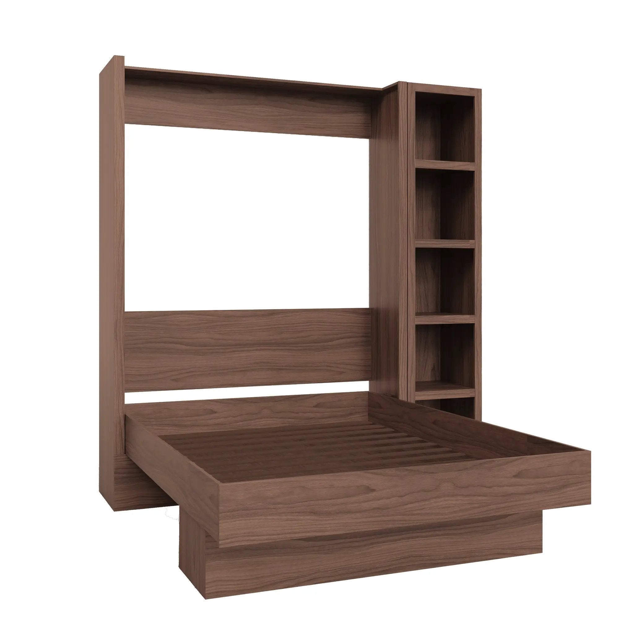 Easy-Lift Full Murphy Wall Bed in Natural Brown Wood Grain with Bookshelf by Sharicks