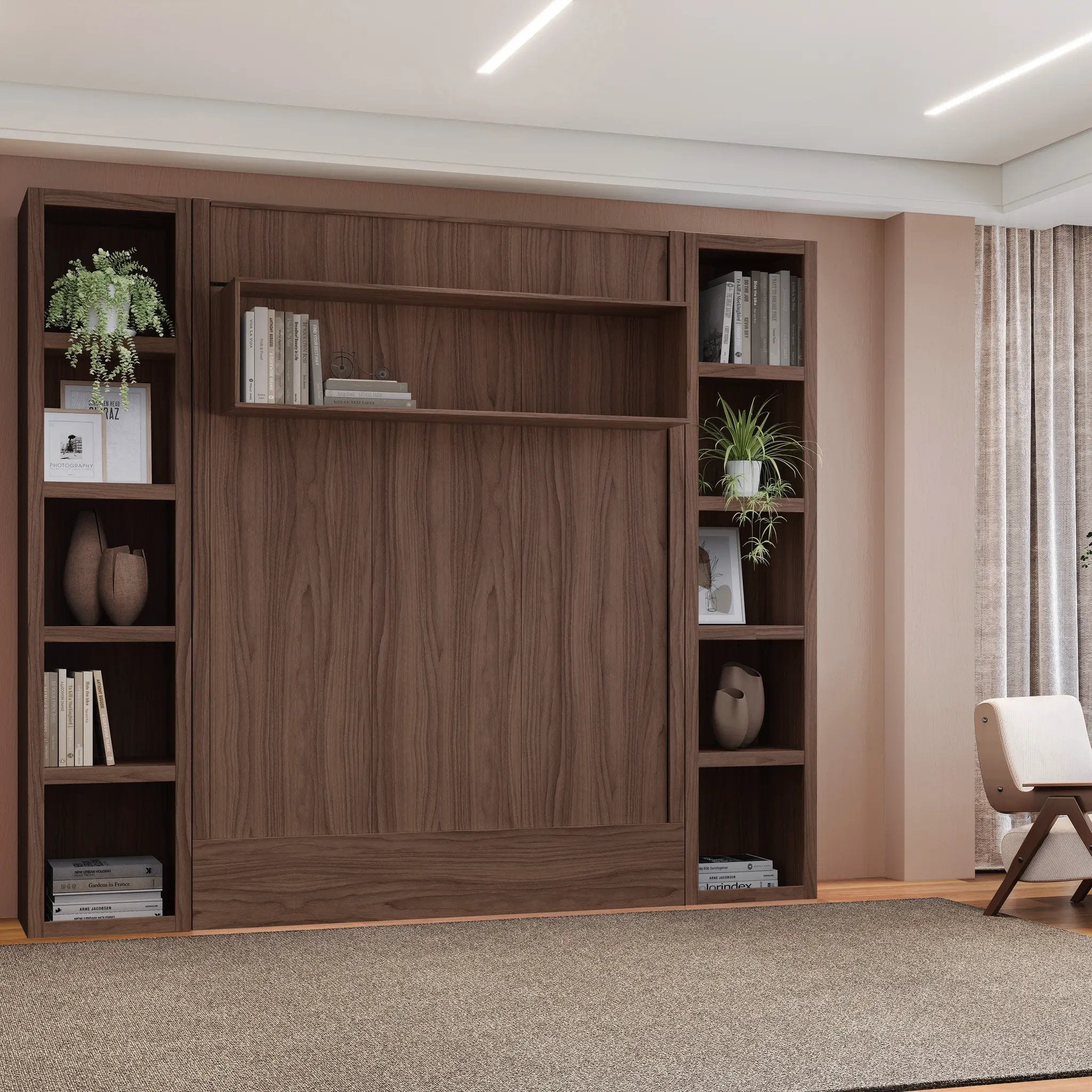Easy-Lift Full Murphy Wall Bed in Natural Brown Wood Grain with Two Bookshelves by Sharicks