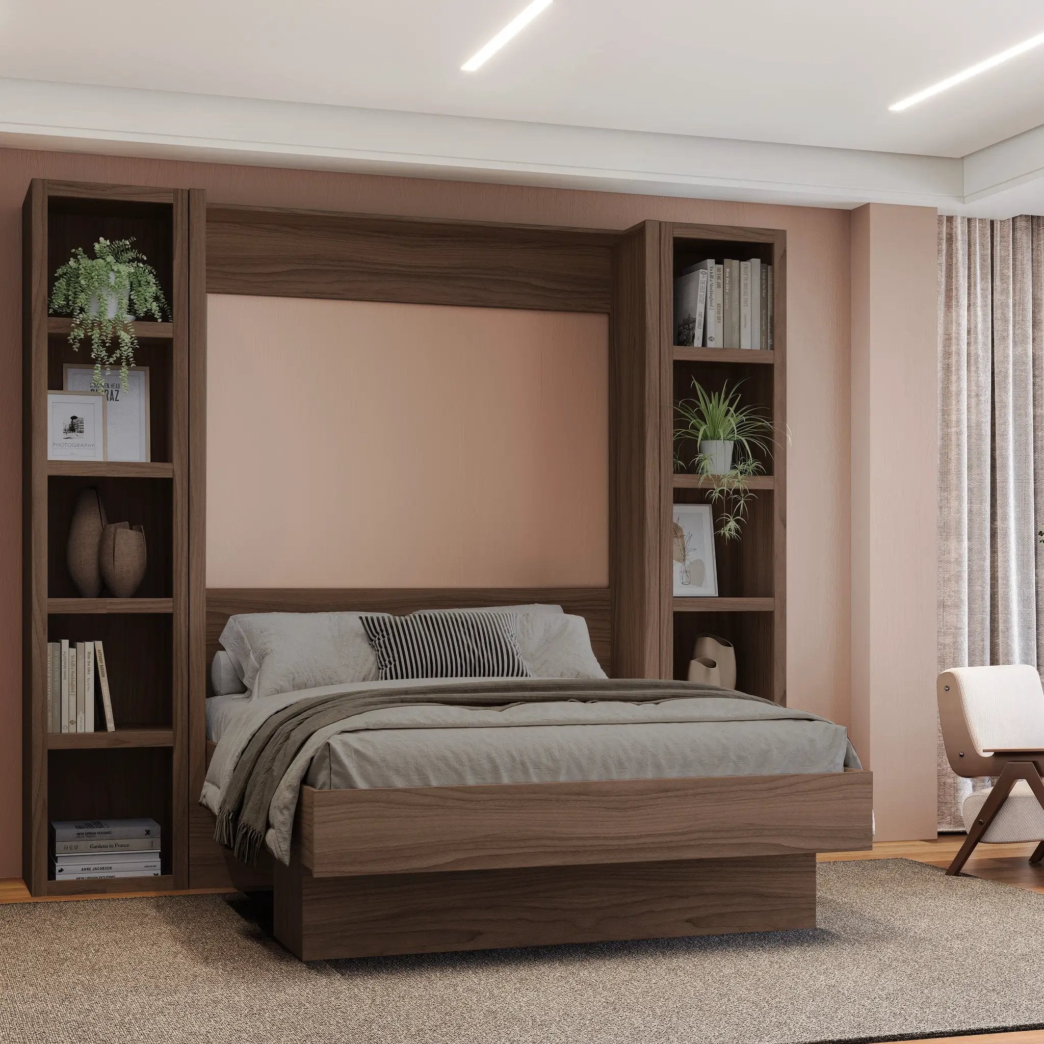 Easy-Lift Full Murphy Wall Bed in Natural Brown Wood Grain with Two Bookshelves by Sharicks