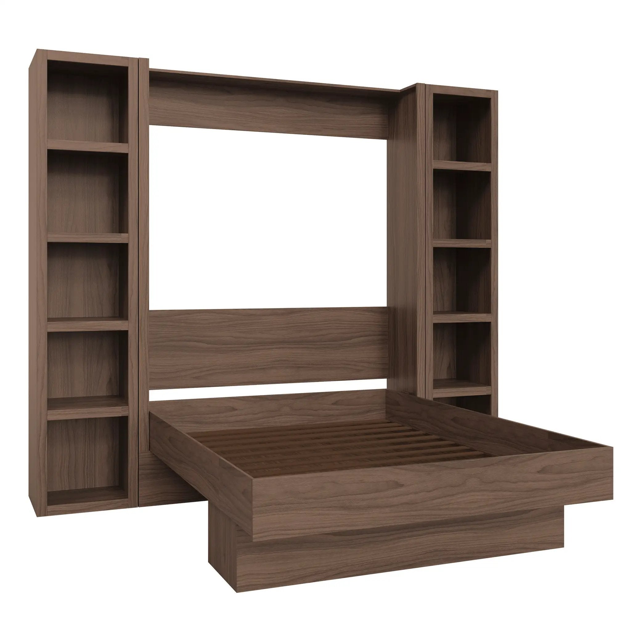 Easy-Lift Full Murphy Wall Bed in Natural Brown Wood Grain with Two Bookshelves by Sharicks