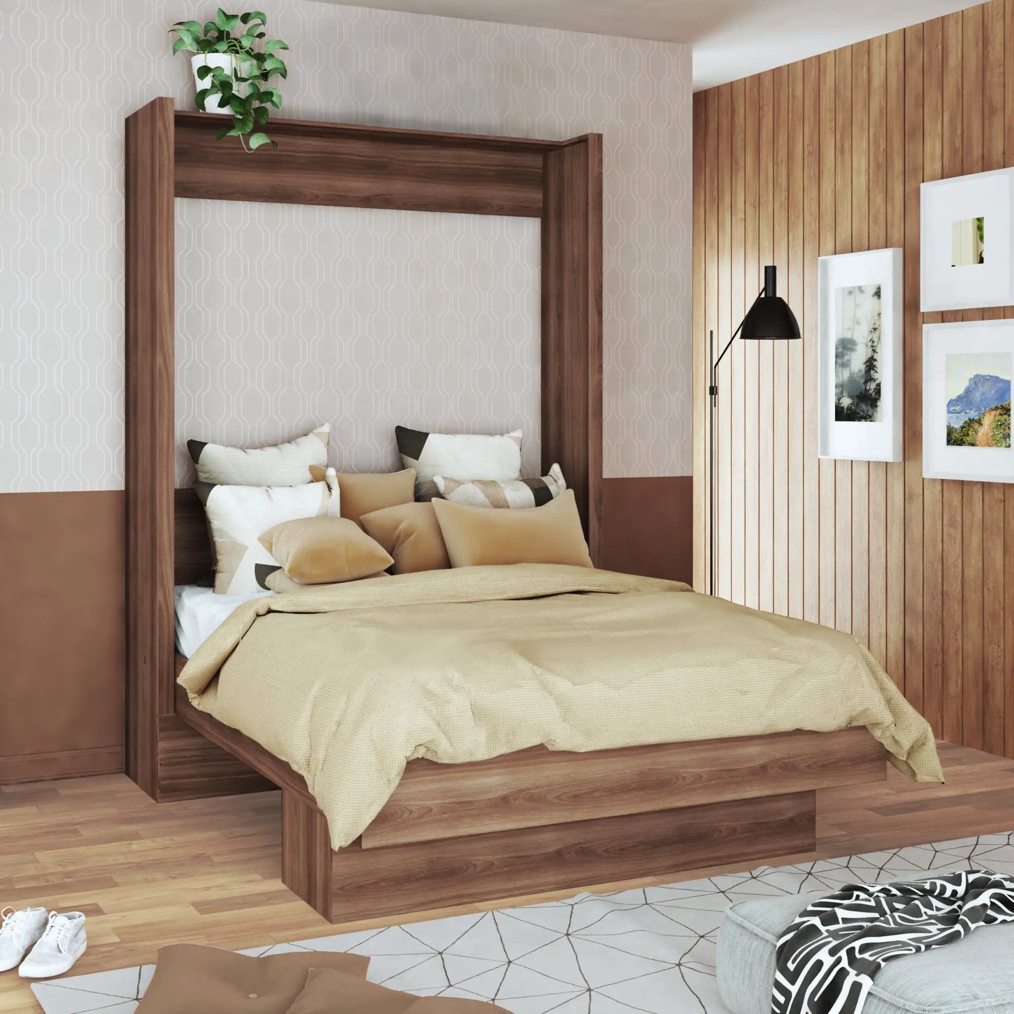 Easy-Lift Queen Murphy Wall Bed in Natural Brown Wood Grain with Shelf by Sharicks