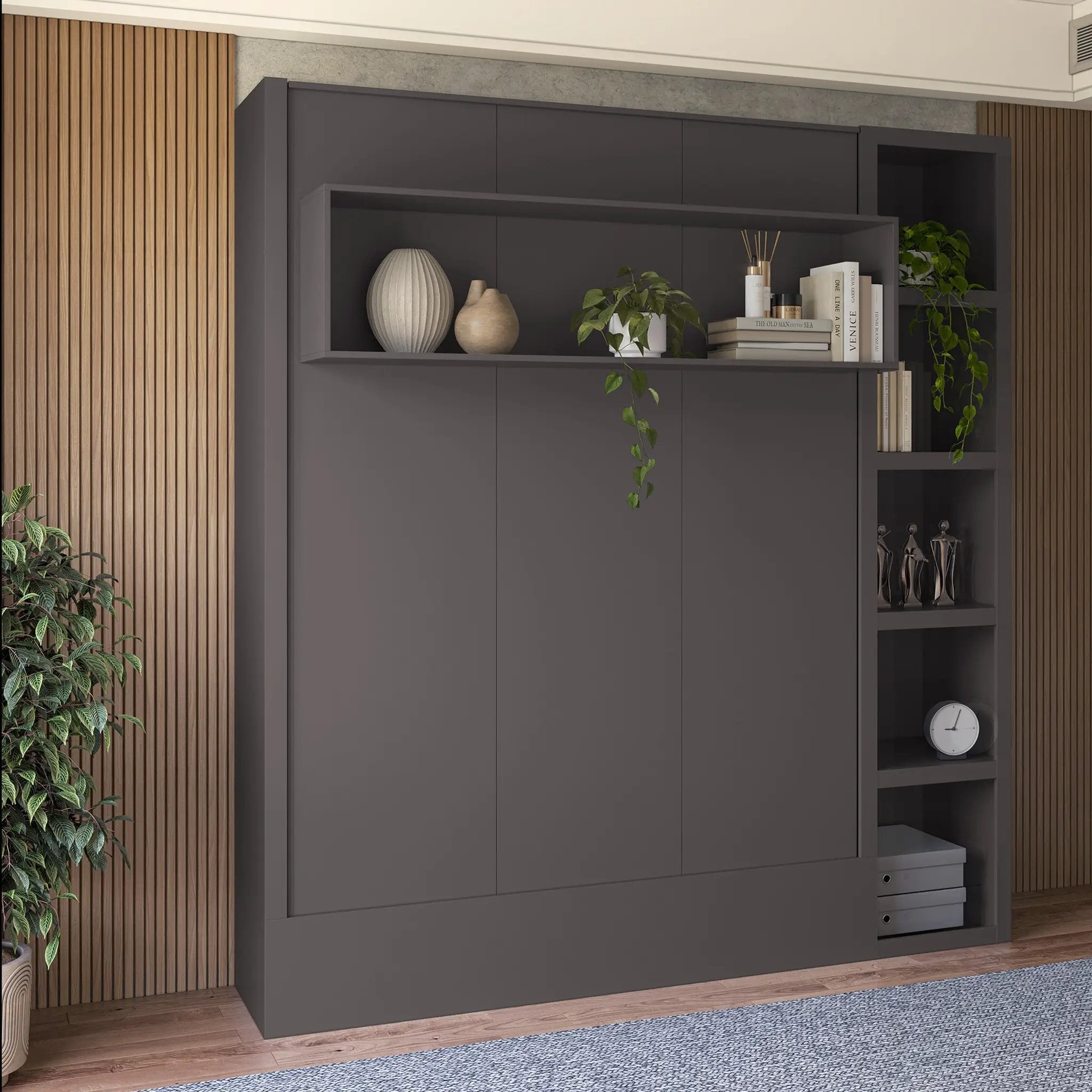 Easy-Lift Queen Murphy Wall Bed in Dark Grey with Bookshelf by Sharicks
