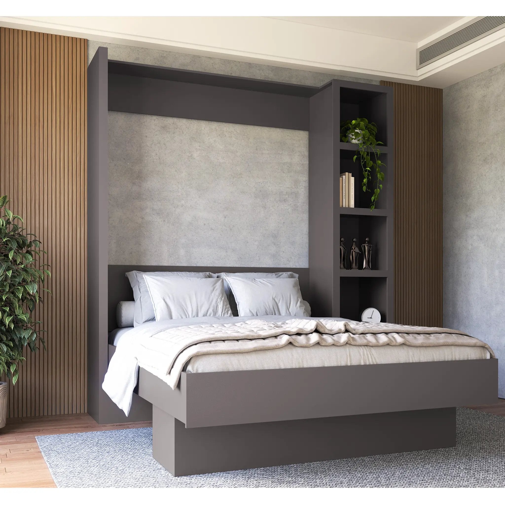 Easy-Lift Queen Murphy Wall Bed in Dark Grey with Bookshelf by Sharicks