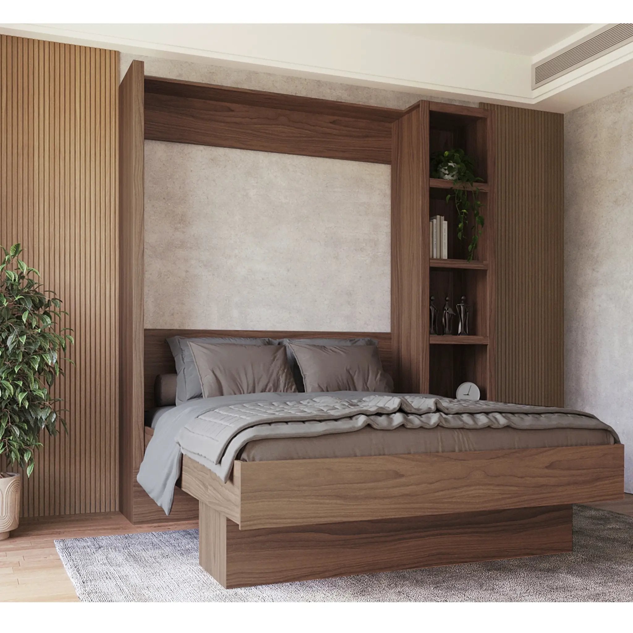Easy-Lift Queen Murphy Wall Bed in Brown Wood Grain with Bookshelf by Sharicks