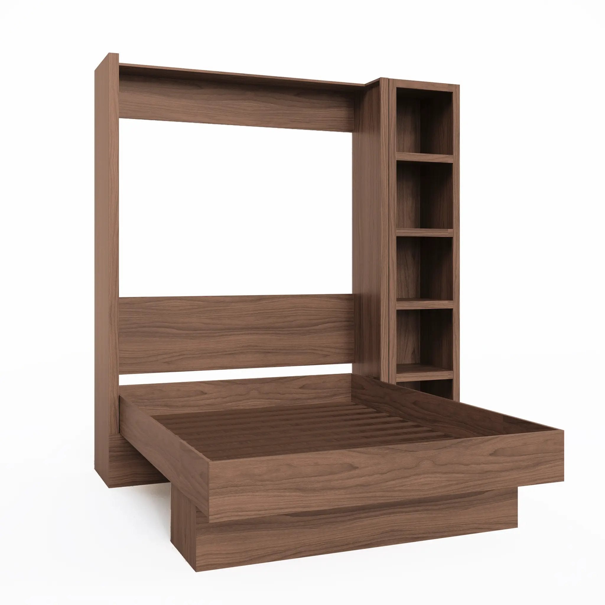 Easy-Lift Queen Murphy Wall Bed in Brown Wood Grain with Bookshelf by Sharicks