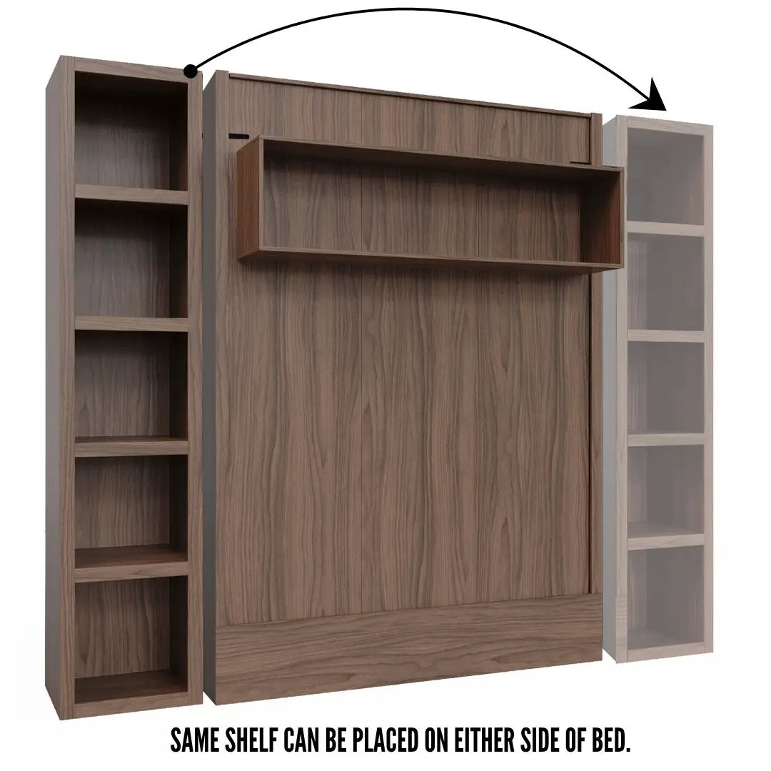 Easy-Lift Queen Murphy Wall Bed in Brown Wood Grain with Bookshelf by Sharicks