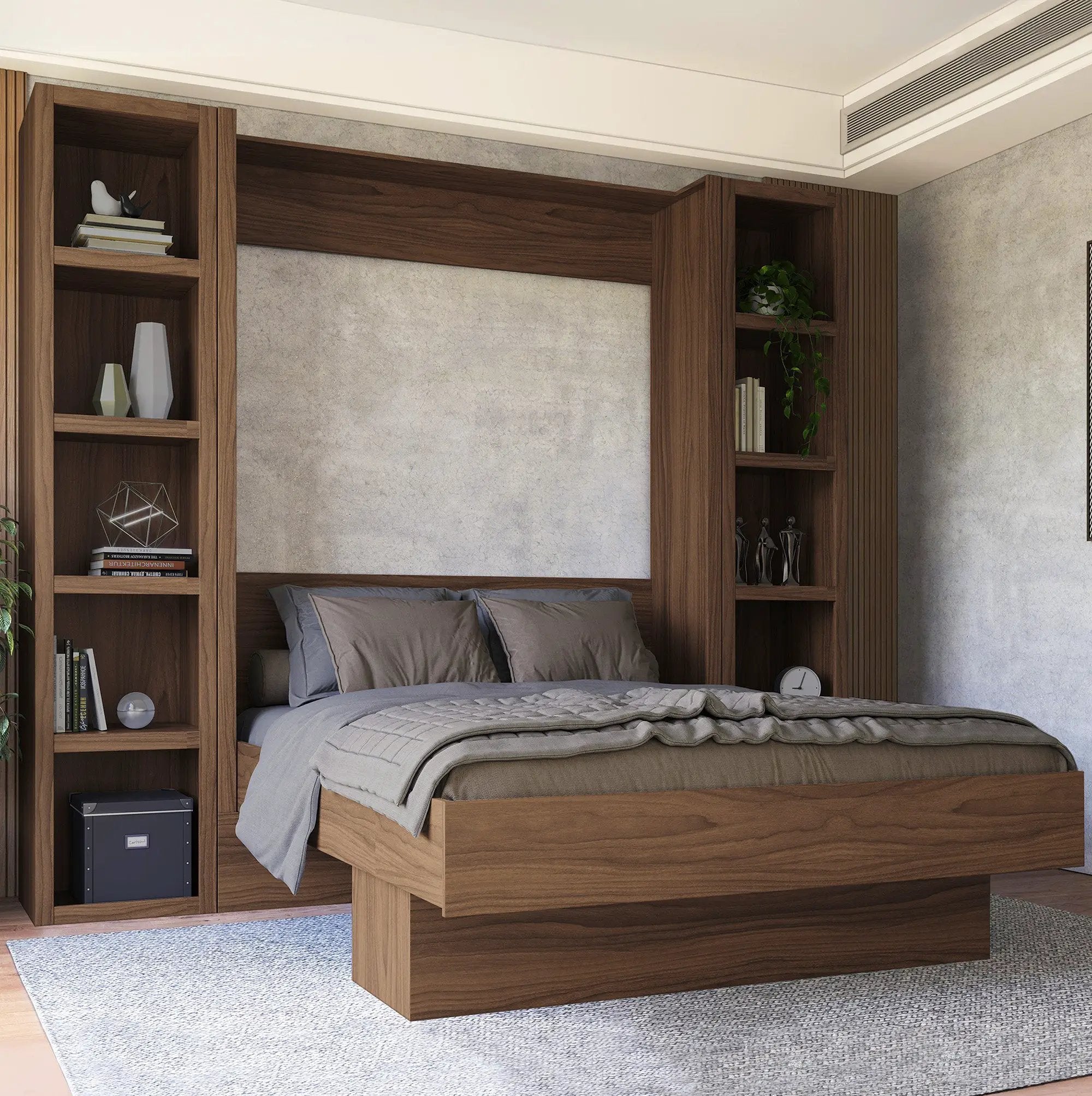 Easy-Lift Queen Murphy Wall Bed in Brown Wood Grain with Two Bookshelves by Sharicks