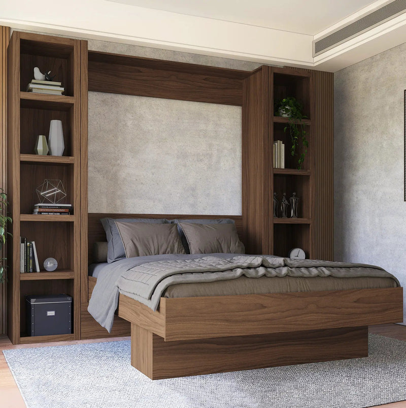 Easy-Lift Queen Murphy Wall Bed in Brown Wood Grain with Two Bookshelves by Sharicks