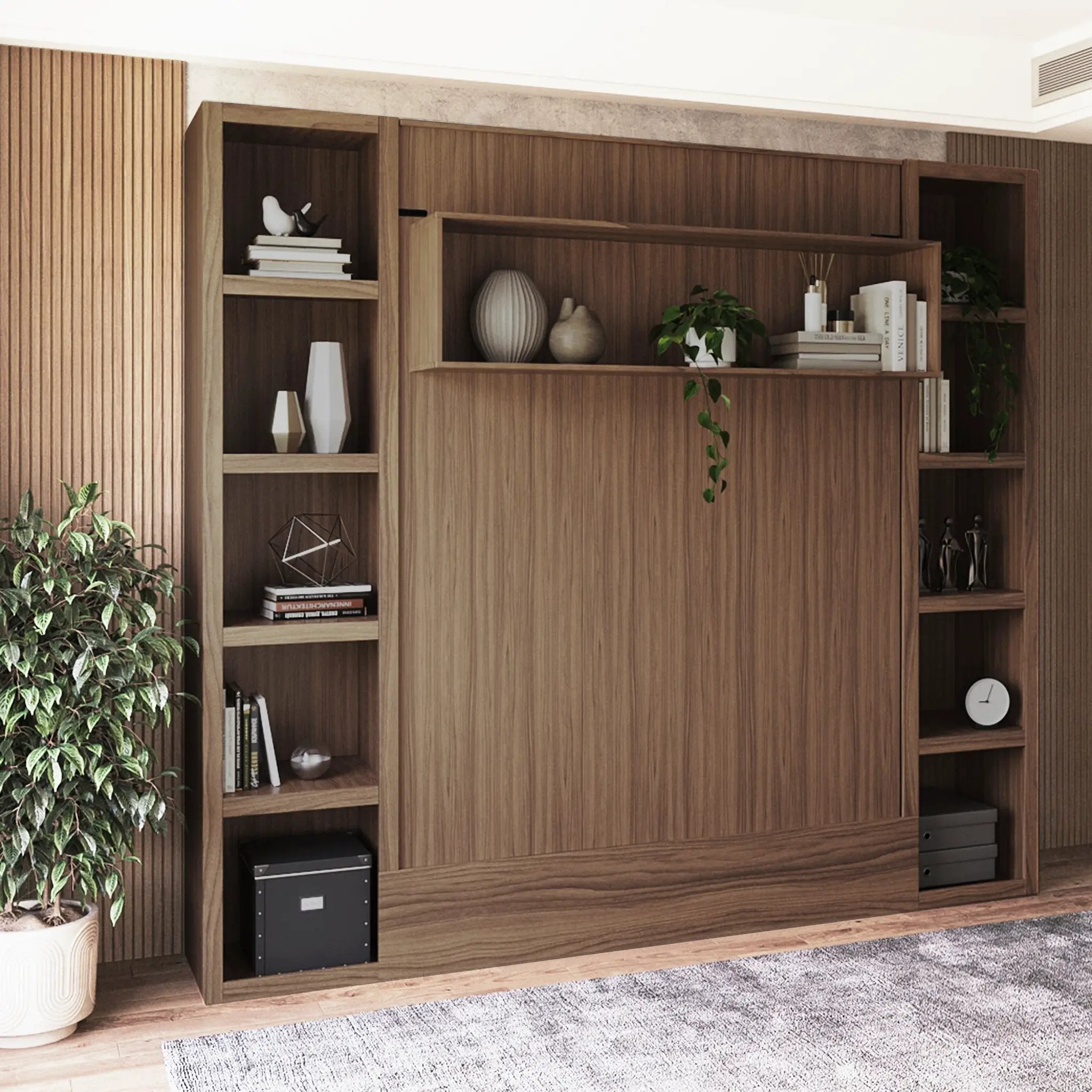 Easy-Lift Queen Murphy Wall Bed in Brown Wood Grain with Two Bookshelves by Sharicks