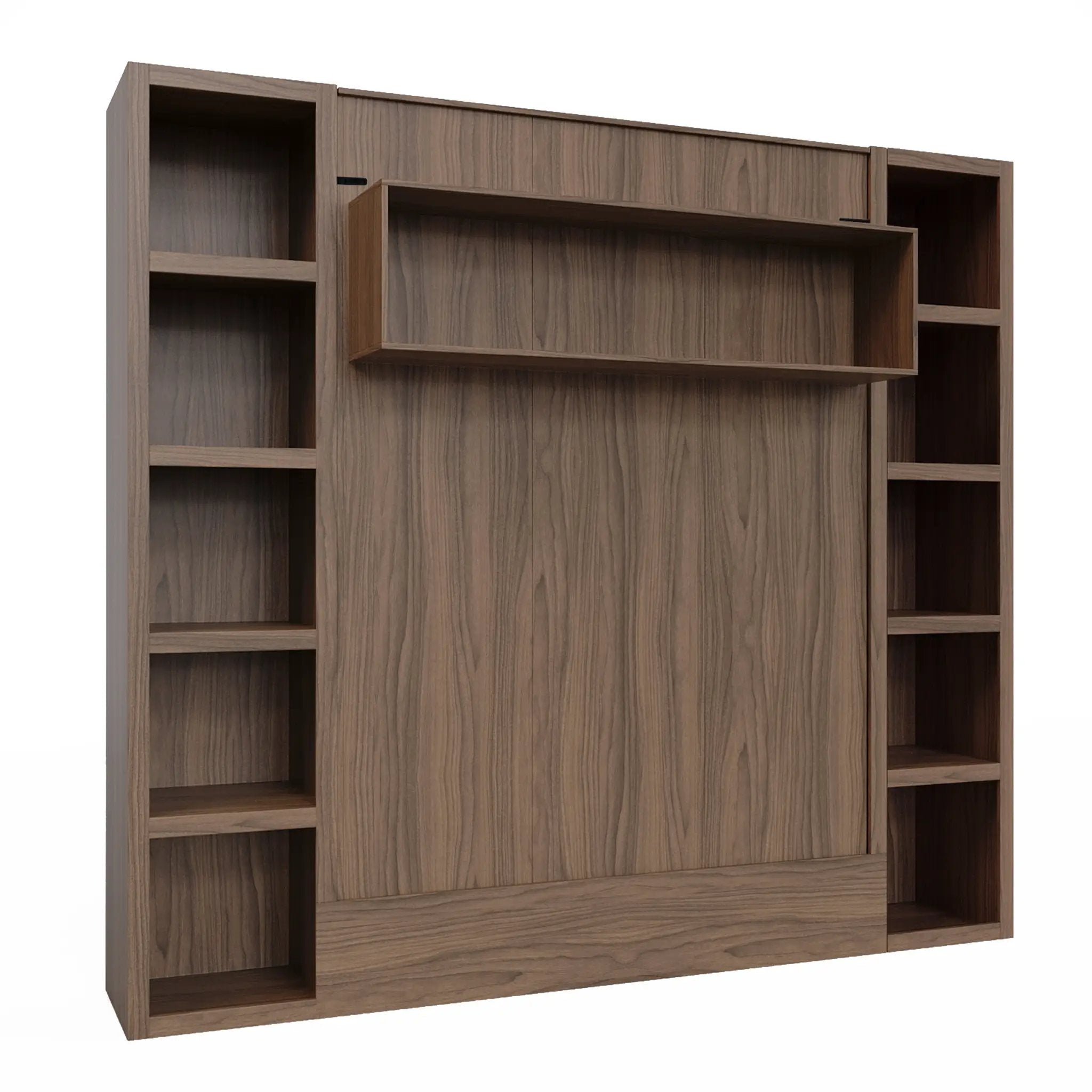 Easy-Lift Queen Murphy Wall Bed in Brown Wood Grain with Two Bookshelves by Sharicks