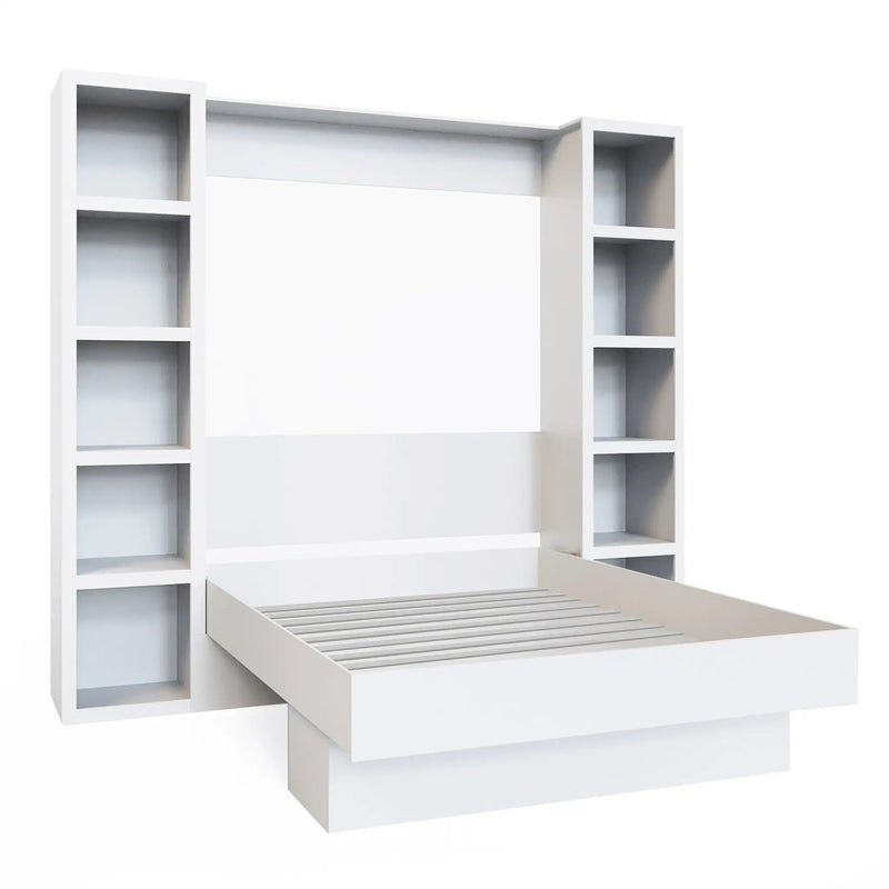 Easy-Lift Queen Murphy Wall Bed in White with Two Bookshelves by Sharicks