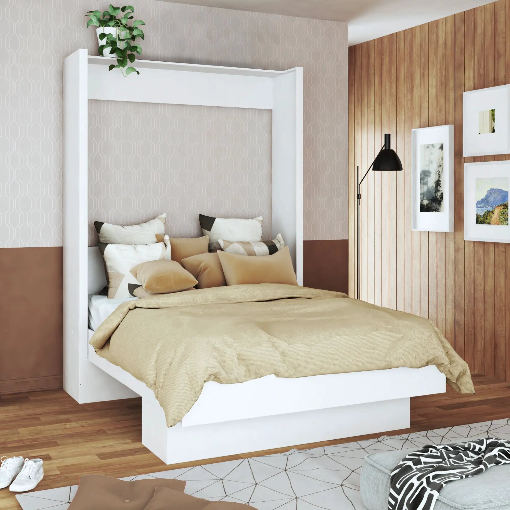 Easy-Lift Queen Murphy Wall Bed in White with Shelf by Sharicks