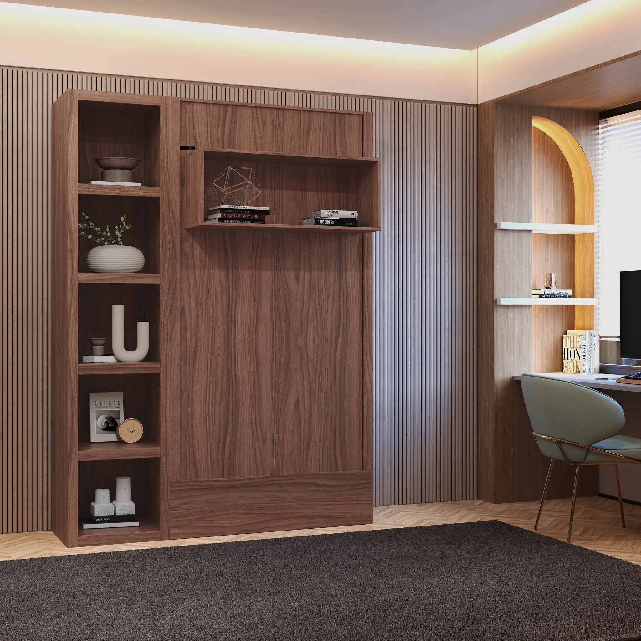 Easy-Lift Twin Murphy Wall Bed in Natural Brown Wood Grain with Bookshelf by Sharicks