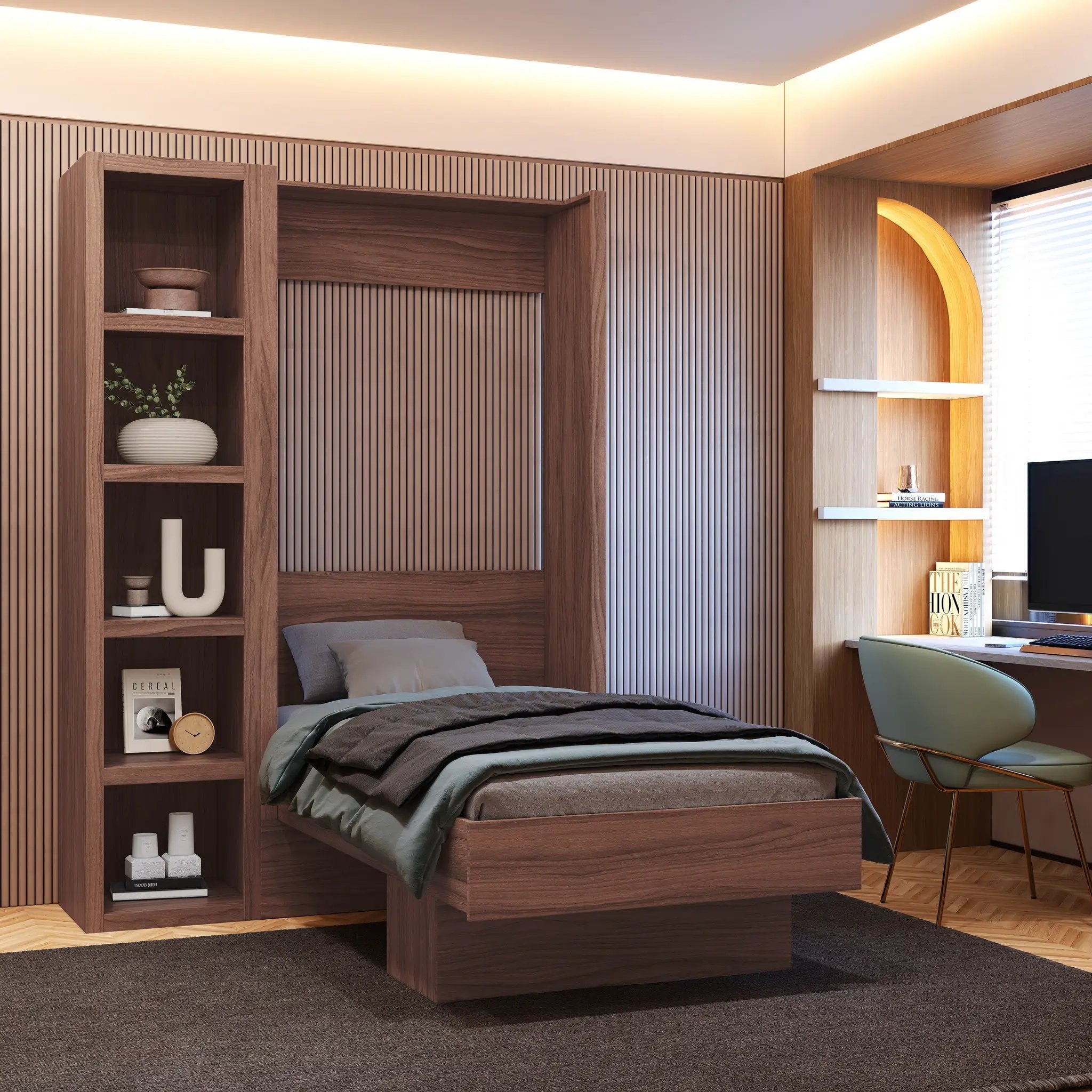 Easy-Lift Twin Murphy Wall Bed in Natural Brown Wood Grain with Bookshelf by Sharicks