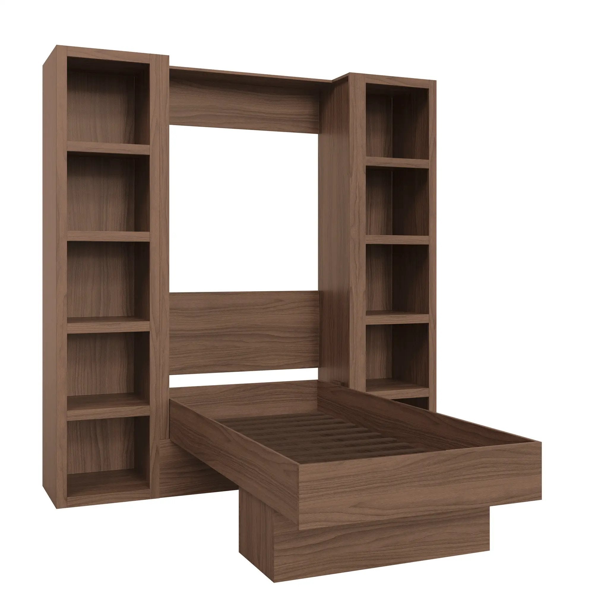 Easy-Lift Twin Murphy Wall Bed in Natural Brown Wood Grain with Two Bookshelves by Sharicks
