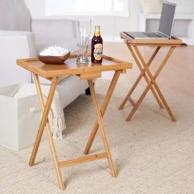 Set of 2 Bamboo Wood TV Table Snack Coffee Tables in Natural by HomePacific