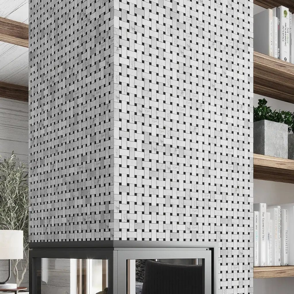 Bianco Carrara, Eastern Black 12x12 Polished Basketweave Marble Mosaic Tile (5 pack, 5 sq ft/case) by Apollo Tile