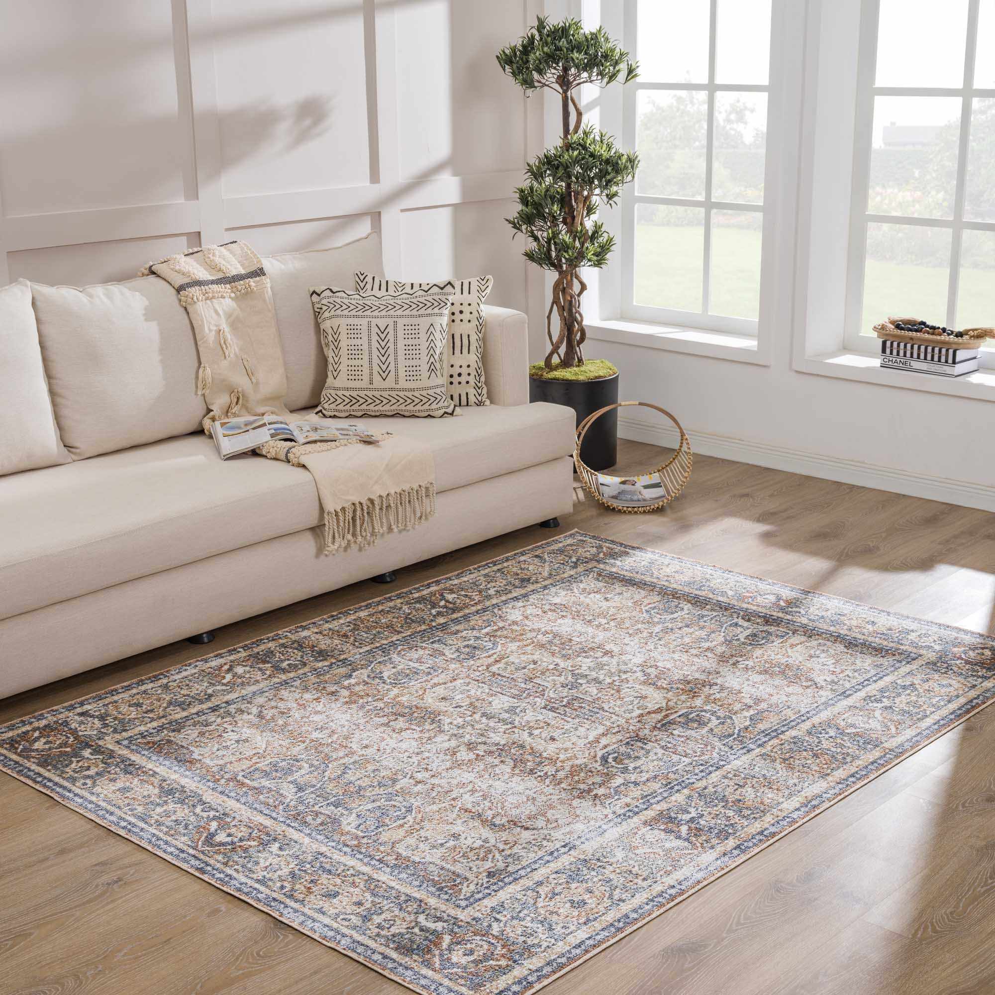 Arias Beige Blue Washable Area Rug by Hauteloom