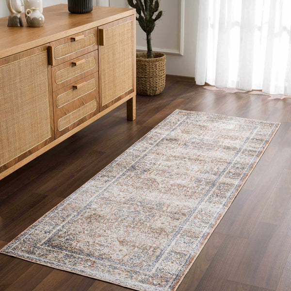 Arias Beige Blue Washable Area Rug, installed in a room 2
