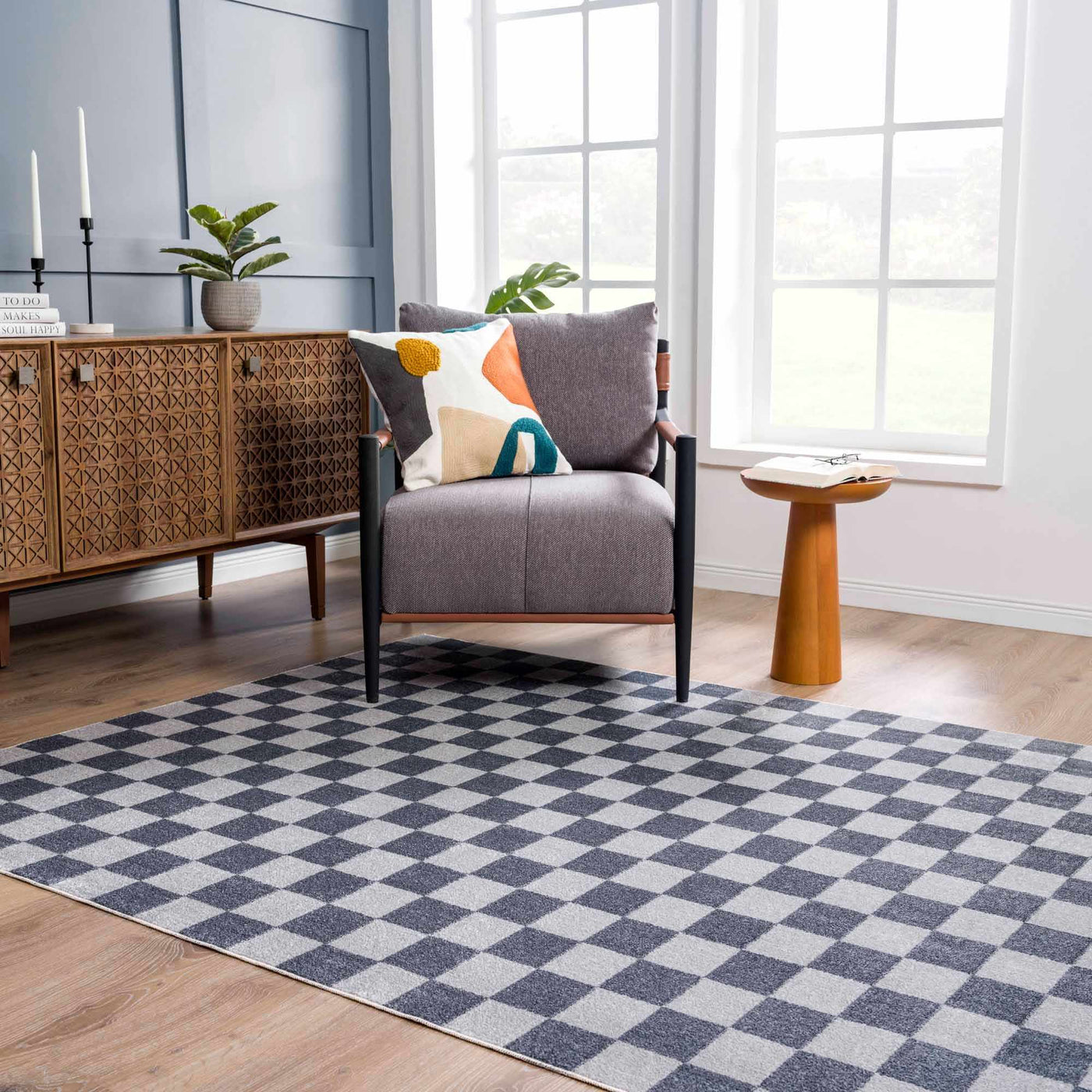 Alie Blue Gray Checkered Washable Rug by Boutique Rugs