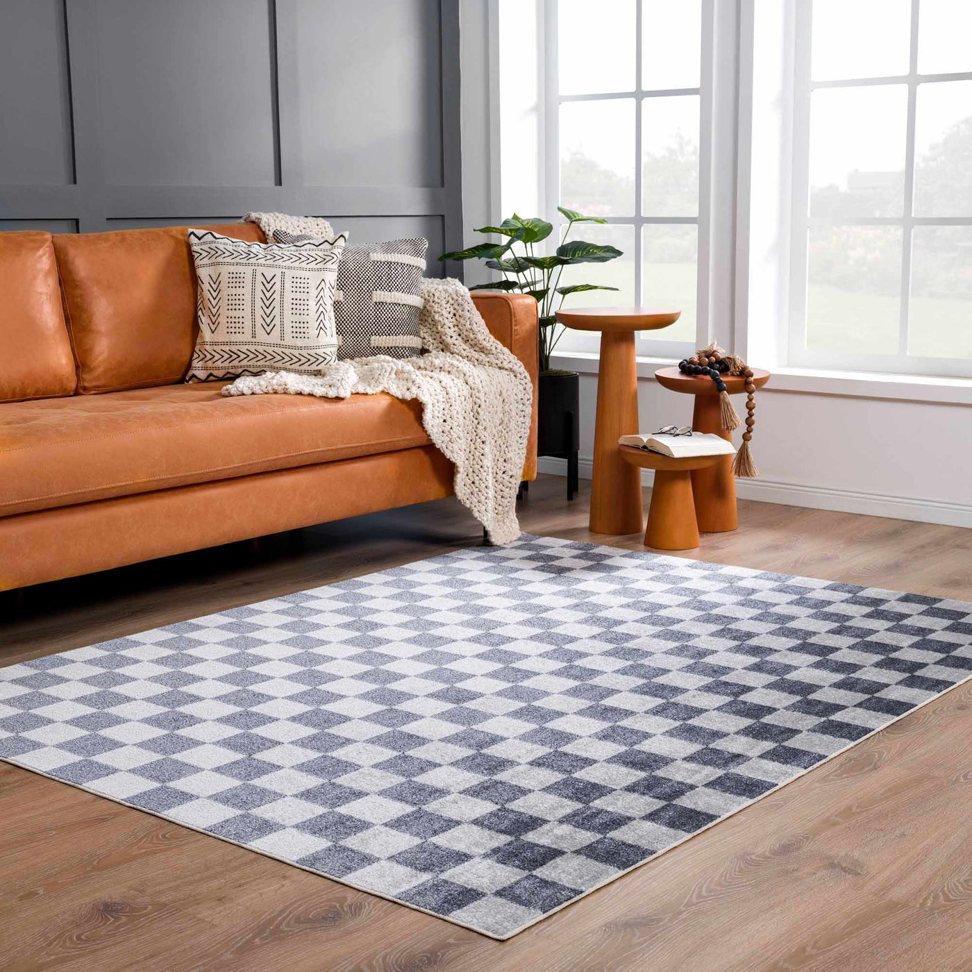 Alie Blue Gray Checkered Washable Rug by Boutique Rugs