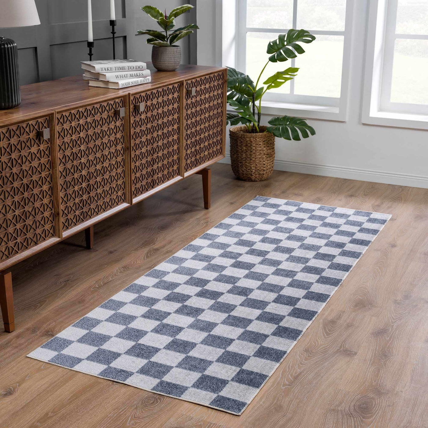 Alie Blue Gray Checkered Washable Rug by Boutique Rugs