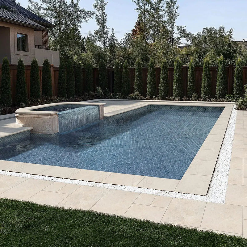 Aegean Pearl Sandblasted Marble Pool Copings 16x24 in a finished room