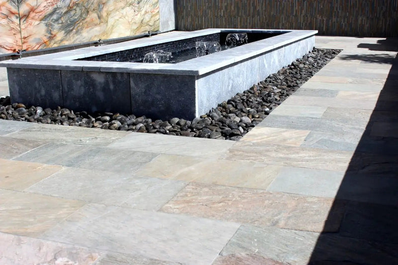Atlantic Blue Sandblasted Pattern Marble Pavers in a finished room