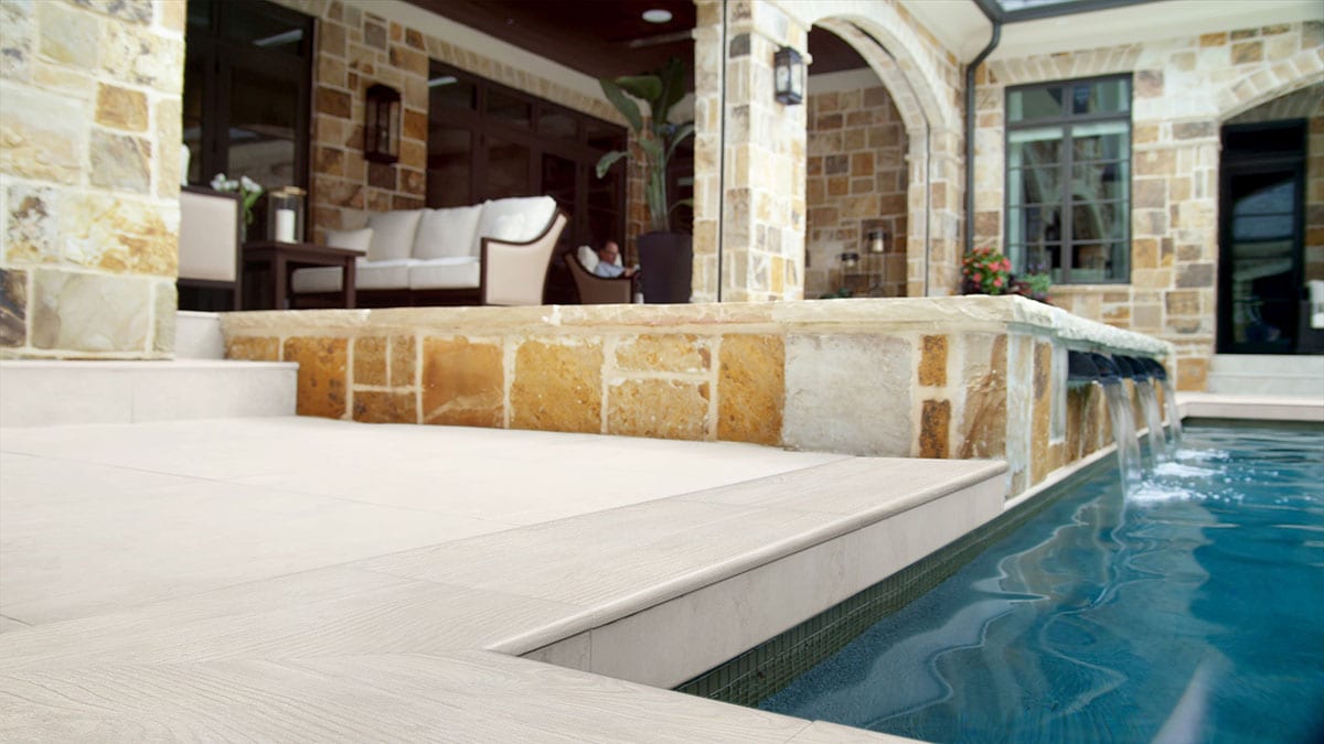 Caldera Blanca Matte Wood Look Porcelain Pavers 16x47 in a finished room
