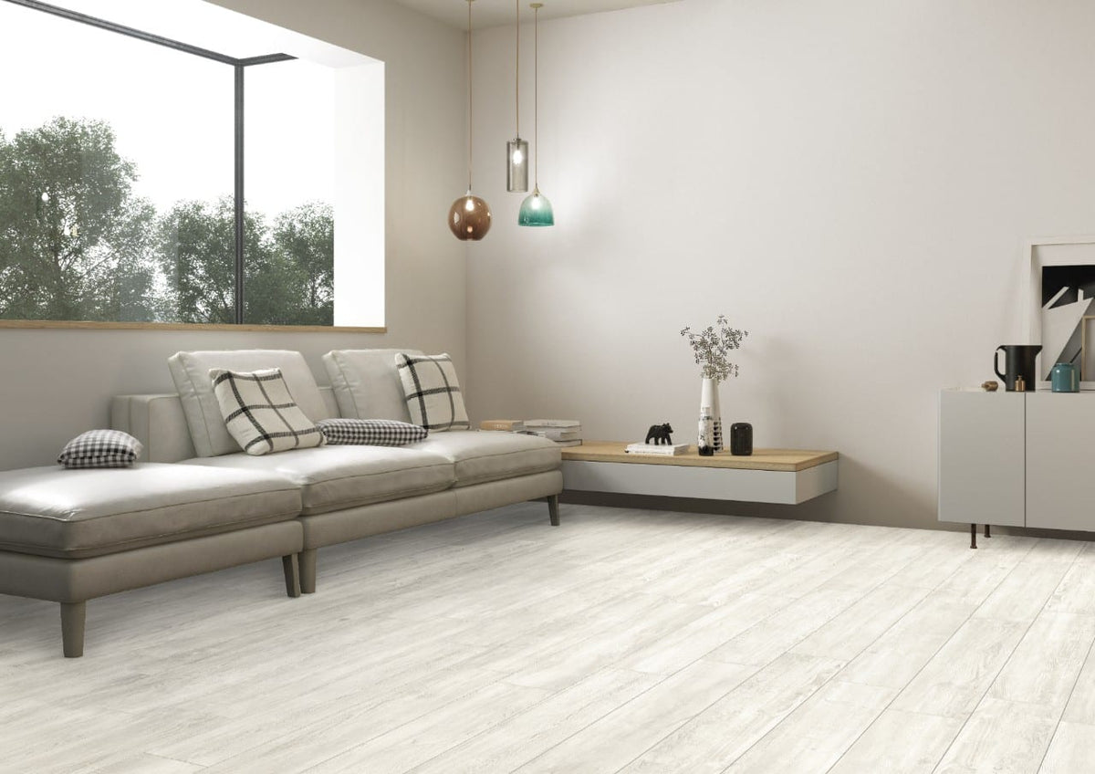 Caldera Blanca Matte Wood Look Porcelain Pool Copings 13x24 in a finished room
