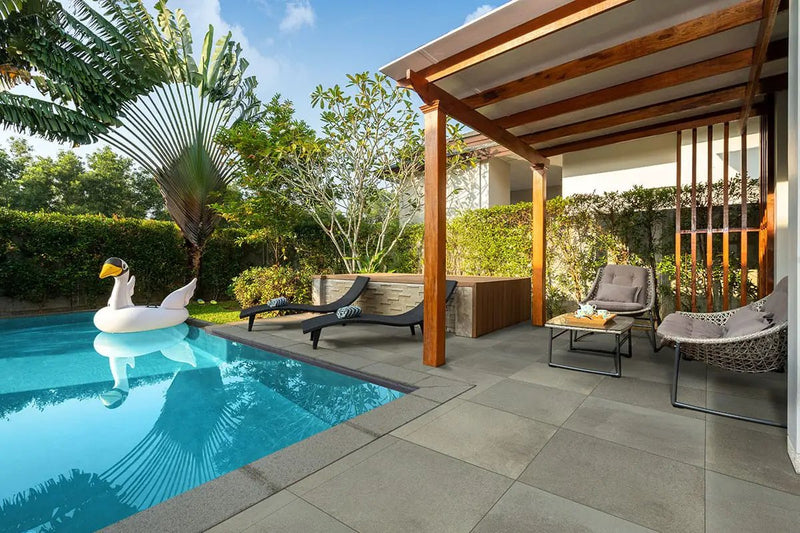 Full Range Bluestone Matte Porcelain Pavers 24x24 in a finished room