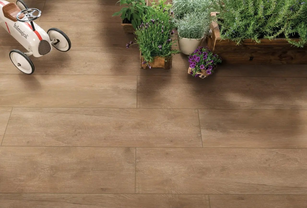 Lucas Betulla Matte Wood Look Porcelain Pool Copings 13x24 in a finished room