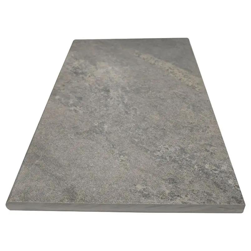 Quarzo Gray Matte Travertine Look Porcelain Pool Copings 13x24 angled view