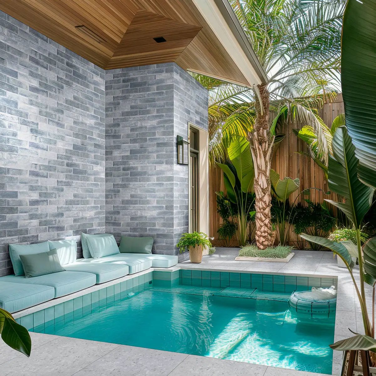 Terrazo Glacier Matte Porcelain Pool Copings 13x24 in a finished room
