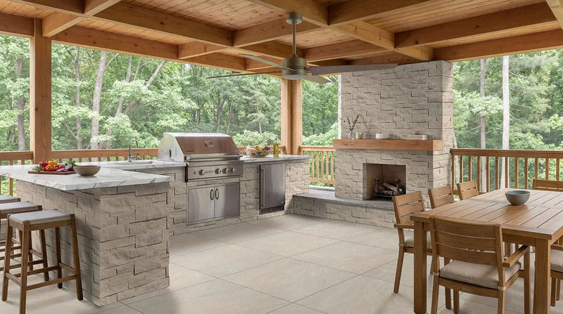 Vortexa Champagne Matte Porcelain Pool Copings 13x24 in a finished room
