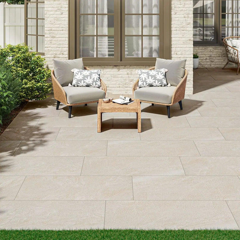 Vortexa Champagne Matte Porcelain Pavers 24x24 in a finished room