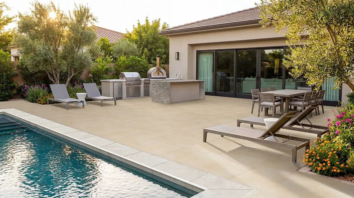 Vortexa Ivory Matte Porcelain Pavers 24x48 in a finished room