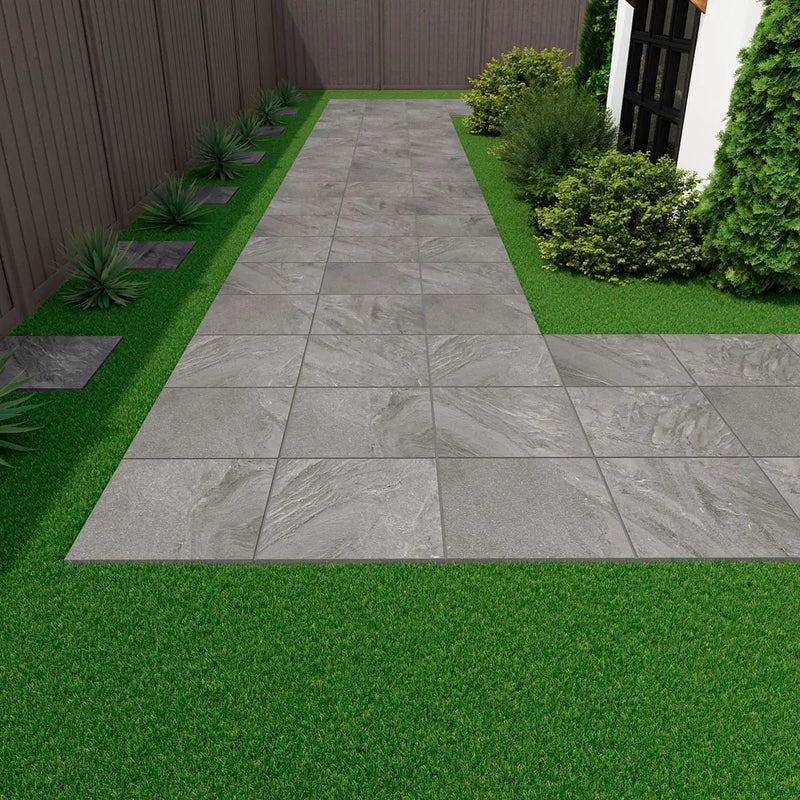Vortexa Silver Matte Porcelain Pavers 24x24 in a finished room