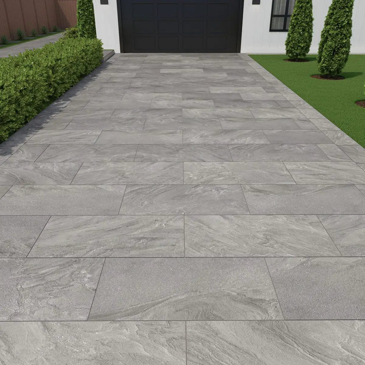Vortexa Silver Matte Porcelain Pavers 24x24 in a finished room