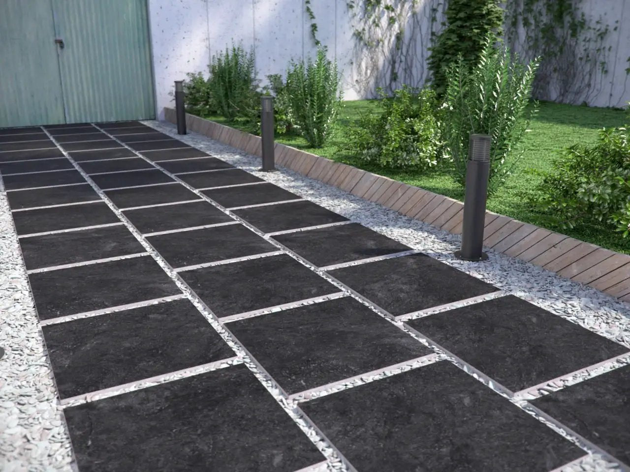 Vulkon Nero Matte Limestone Look Porcelain Pavers 24x24 in a finished room