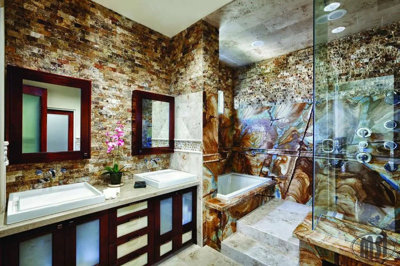 Tuscany Scabas Tumbled Pattern Travertine Pavers in a finished room