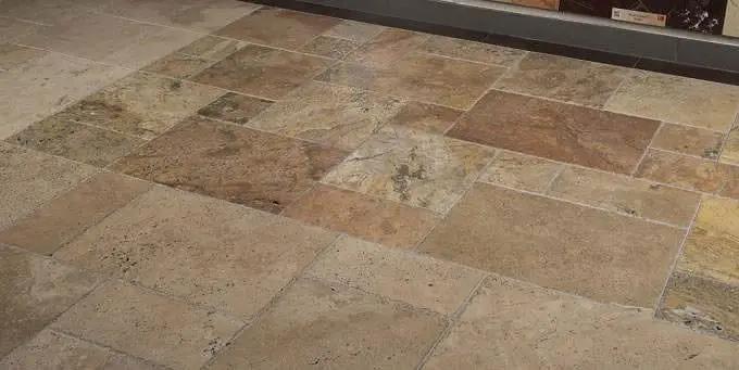 Tuscany Scabas Split Face Corner Travertine Pavers 6x12 in a finished room
