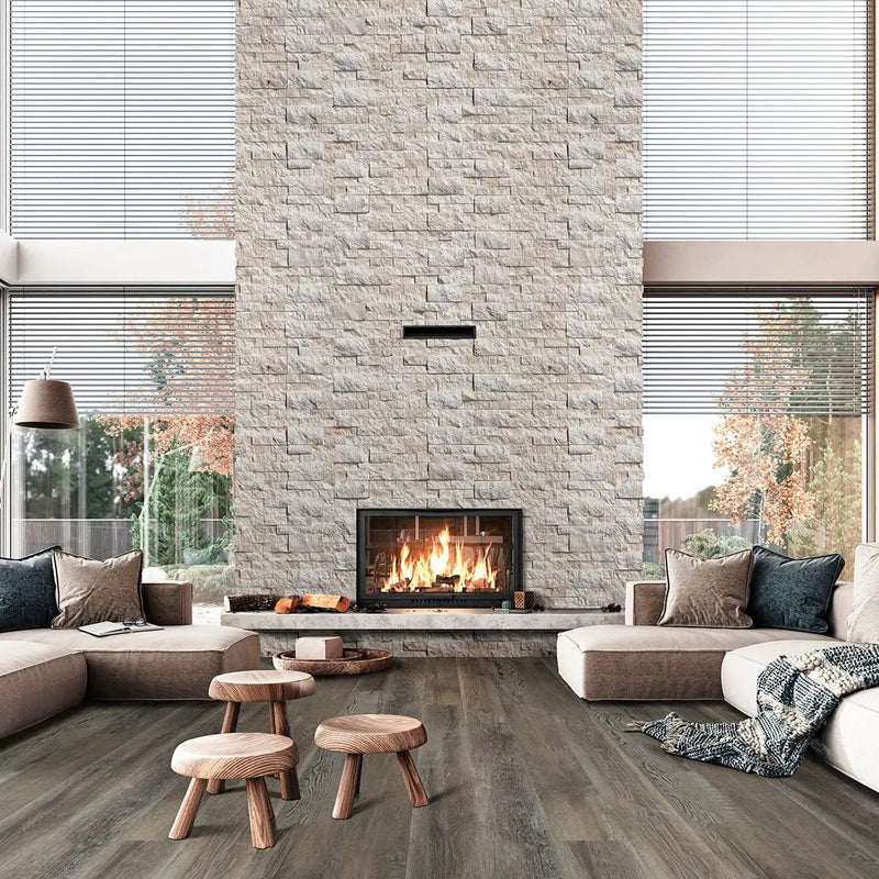 Mayra White Split Face Limestone Pavers 6x12 in a finished room
